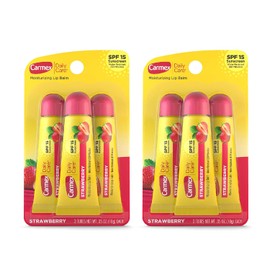 Carmex Daily Care - Bálsamo labial hidratante con SPF 15, tubos de bálsamo labial de fresa, 0.35 onzas cada uno, 3 unidades (paquete de 2)