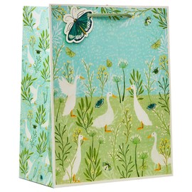 Design By Violet Blue & Green Goose Print Large Gift Bag with Butterfly Tag – Reusable Goose Gifts Paper Bag for Birthdays & Special Occasions