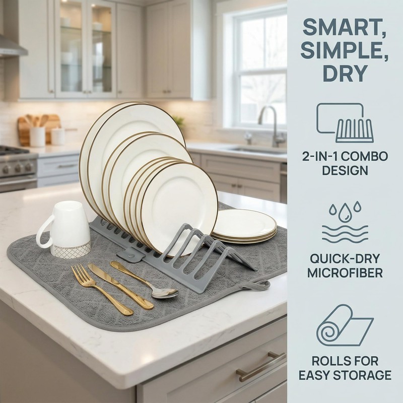 Microfiber Dish Drying Mat with Removable Plate Rack Organizer 18"x14"