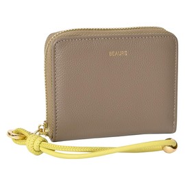 Beaure B-24096 Women's Genuine Leather Short Wallet, Round Zipper, Mini Wallet, Bifold with Hand Strap, G. Beige