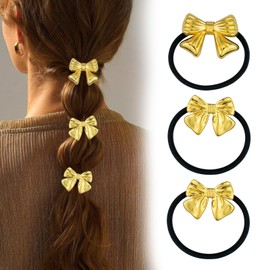 COZYISLE 3 Pcs Gold Bow Hair Ties, Metallic Elastic Ponytail Holders,Gold Hair Cuffs Ponytail Cuff Hair Elastic Accessories for Women