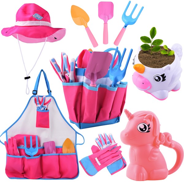 JOYIN Unicorn Kids Gardening Tool Set Toy Includes Watering Can and Planter, Sun Hat, Gloves, Apron and Kids Gardening Kit Like Shovel, Rake and Trowel, Outdoor Play Gardening Gifts (Unicorn)