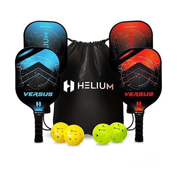 Helium Versus Pickleball Set of 4 - Lightweight Honeycomb Core, Graphite Strike Face, Premium Comfort Grip - Paddle Set of 4, 2 Outdoor & 2 Indoor Balls & Drawstring Sports Bag