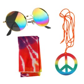 Bojueshaw 3pcs Hippie Costume Set,60s/70s Flower Headband,Round Sunglasses & Peace Necklace for Disco Style Music Festivals & Theme Parties