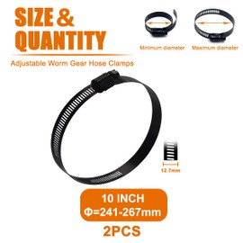 ISPINNER 2pcs 10 Inch Stainless Steel Adjustable 241-267mm Size Range Worm Gear Hose Clamp, Fuel Line Clamp for Plumbing, Automotive and Mechanical Application (Black)