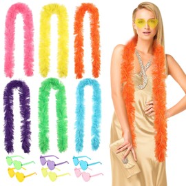 6 Sets Fluffy Feather Boas, Includes 4.9 ft Artificial Boas and Heart-Shaped Sunglasses, Birthday Party Accessories, Dancing Party Favors, Vibrant Colors, Ideal for Carnivals and Celebrations