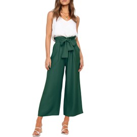 FANCYINN Womens 2 Piece Crop Pants Set V Neck Tank Wide Strap Tops High Waisted Cropped Paper Bag Pants with Belt Dark Green Pants & White Top S