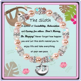 GIAYIER Sloth Charm Bracelet - Pink Crystal Amethyst Beads - Sloth Lover Gifts - Never Forget How Happier You Are