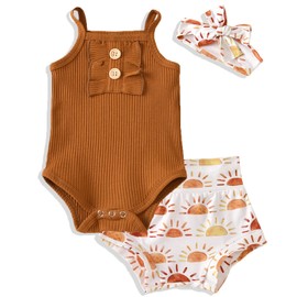 AMAWMW Newborn Baby Girl Summer Sun Print Outfit Strap Ribbed Romper Sunshine Bloomer Shorts 3-6 Month Girl Clothes