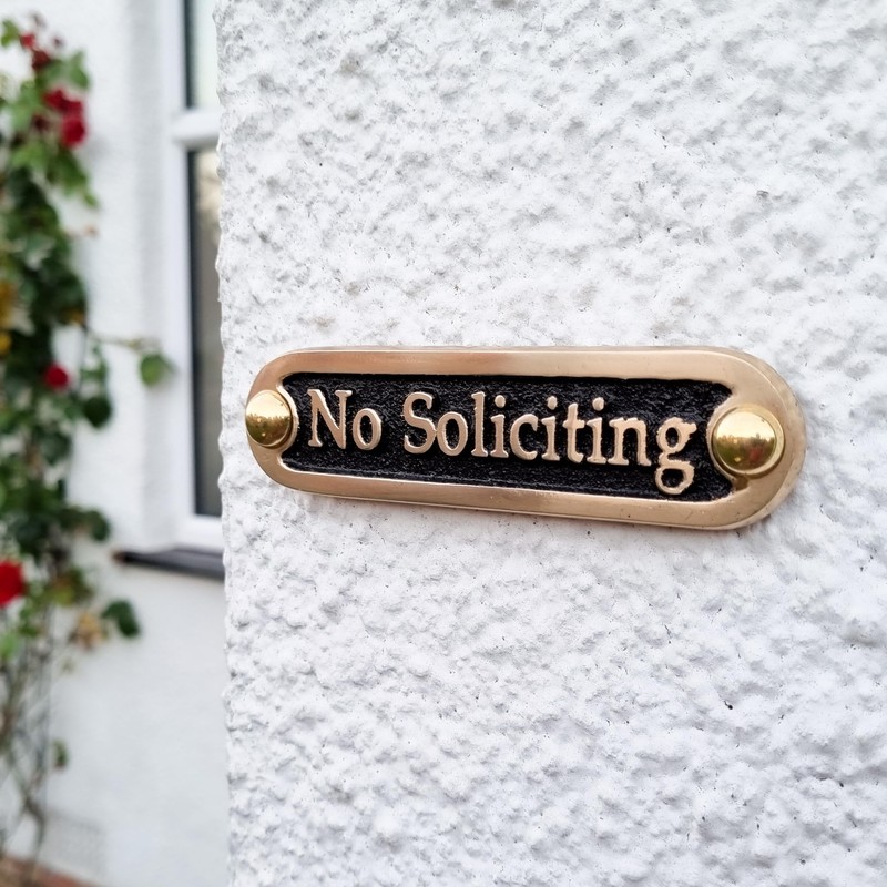 No Soliciting Brass Door Sign. Traditional Style Home Décor Wall