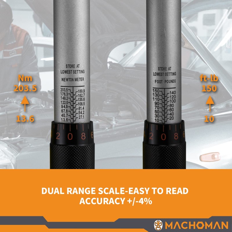 MACHOMAN TQW403 1/2" Drive Click Torque Wrench Set (10-150 ft.-lb)