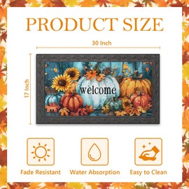 Arttown Blue Pumpkin Fall Door Mat,17 x 30 Inch Sunflower Maple Leaves Welcome Doormat Decorative Home Floor Mat,Non Slip Rubber Back and Strong Water Absorption for Outdoor Indoor Entrance Decor