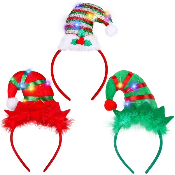 Hooqict 3 Pack Glowing Christmas Headbands Elf Hat Headbands Christmas Elf Cosplay Costume Headwear Accessoriess Light Up Xmas Elf Hair Hoop for Women Girls Christmas New Year Decoration