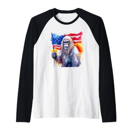 Bigfoot Watercolor Artwork American Flag 4th Of July Art USA Raglan Baseball Tee