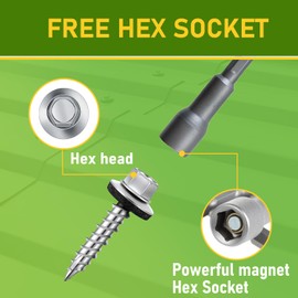 CAMNWAMN 300 Pcs Hex Head Metal Roofing Screws, #10 x 1 Inch Zinc Plated Sharp Point Sheet Metal Roof Screw with Rubber Washer, Self Tapping Metal to Wood Siding Screws, Hex Socket Included