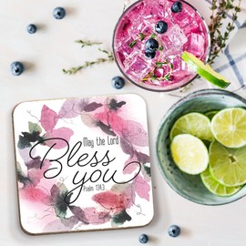 Christian Coasters, Pack of 6 cork coasters, Bless You, with Bible verse Psalm 134:3. Beautiful Christian gifts for women or men, by Just Cards Direct
