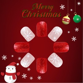 Short Press on Nails Square Fake Nails with snowflake Designs Red Nails Press ons Glossy Glue on Nails Winter Acrylic Nails Artificial Stick on Nails for Women Girls 24Pcs