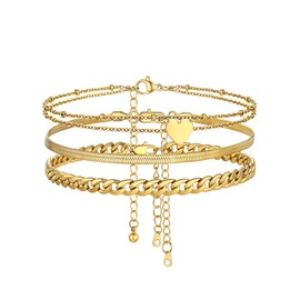 FOCALOOK Gold Ankle Bracelets for Women Stainless Steel Layered Foot Chains Anklets 3PCS Ankle Chians Set Summer Beach Bracelets Adjustable Gold Plated Leg Bracelets 8.5-10.5inch