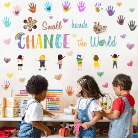 HATARU Colorful Inspirational Saying Wall Decals,Motivational Quotes Wall Stickers,Small Hands Wall Decals Nursery Decor,Change The World Handprints Wall Decals for Kids Room Classroom Decor