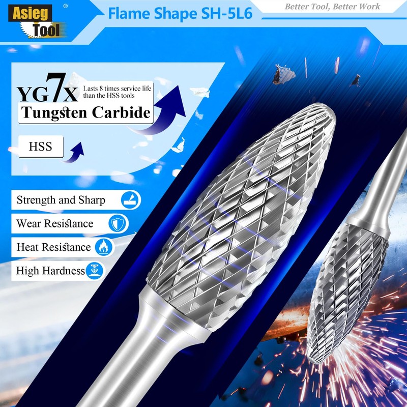 SH-5L6 Tungsten Carbide Burr Rotary Lengthened File Flame Shape Double