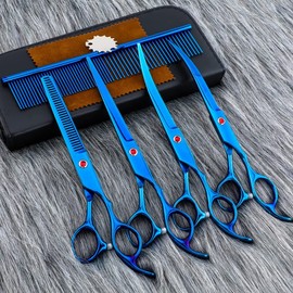 TOPIND Professional Dog Grooming Clippers - 5-Piece Clipper Set 7-Inch Trimmer, Curved Clippers, Thin Clippers, Comb with Case, Steel Pet Modern Set (Blue)