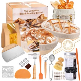 Sourdough Starter Kit Baking Supplies - Complete Sourdough Tools Including Round & Oval Banneton Bread Proofing Baskets, Starter Jar, Dough Whisk, Scrapers, Stencils, Bread Sling, Bread Lame