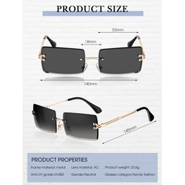 4 Pairs Rimless Rectangle Sunglasses Frameless Square Glasses Vintage Transparent Eyewear for Women Men, Colores frescos, adult size