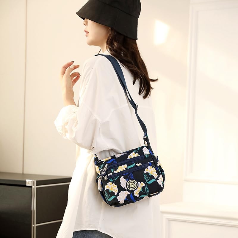 YYW Women's Multi Pocket Waterproof Nylon Shoulder Bag, M-solid black,