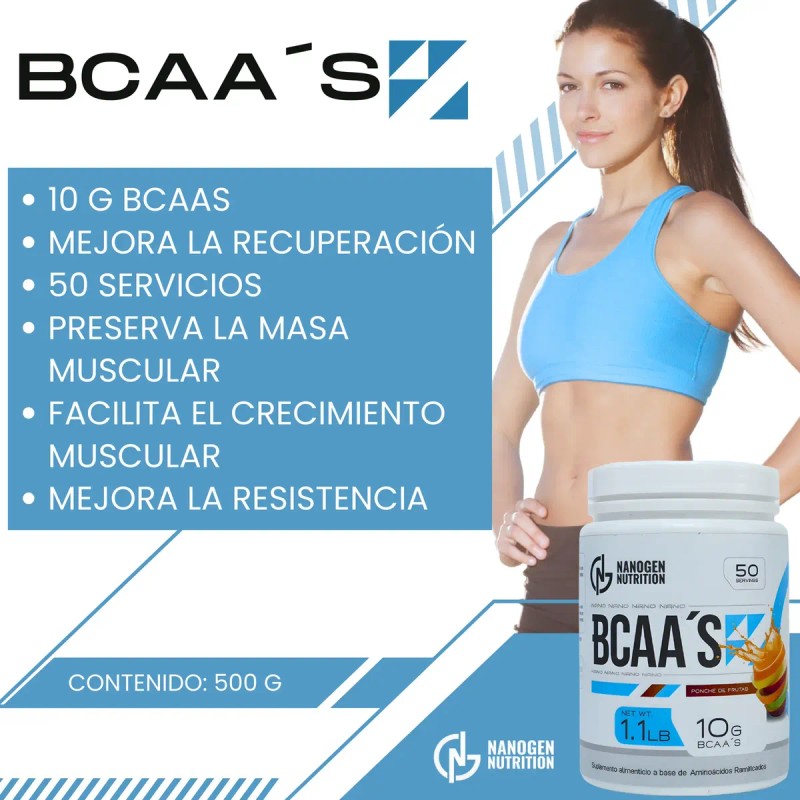 Bcaas Nanogen Nutrition 500g 50 Servicios 2:1:1 Aminoácidos