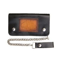 Men's Biker Chain Wallet Black Leather with Truck Design Stamped in Brown Leather