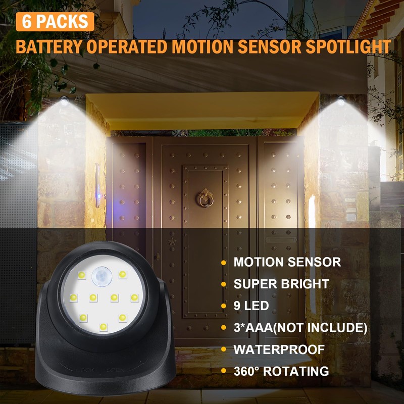 Reginary 6 Pieces Battery Powered Motion Sensor Lights 9 Led