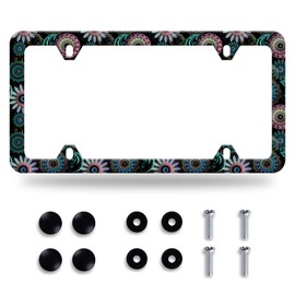 Mandala Flower License Plate Frame License Plate Stainless Steel Parts Funny License Plate Decorative with Screws Size 12.3" x 6.3" for Men Women