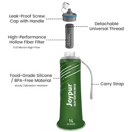joypur Water Filter Survival - Collapsible Water Bottle with Filter 0.01 Micron Squeeze Filtered Water Bottle 32oz for Hiking Backpacking Camping BPA-Free(Green 1000ml)