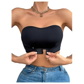 WDIRARA Women's Push Up Strapless Bra Crossover Closure Front Wireless Bandeau Bra Sleeveless Crop Tube Top Black Large