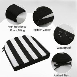 idee-home Outdoor Chair Cushions Set of 4, Thick 19" x 19" x 3" Outdoor Seat Cushion Waterproof for Patio Furniture with Ties, Patio Chair Pads Dining Black Stripes
