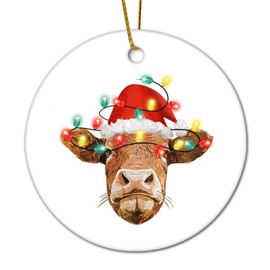 DOREENABE Cow Gift,Christmas Cow Light Santa Hat Ceramic Ornaments Circle Cow Gift,Christmas Cow Light Santa Hat Christmas Tree Hanging Ornament Holiday Decor Xmas Gifts for Kids Girls Friends Family