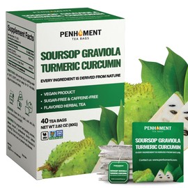 PENHOMENT 2in1 Soursop Tea with Soursop Graviola Leaves and Curcumin Turmeric Root - 40 Tea bags, 2gr/bag - Non-GMO/Caffeine free