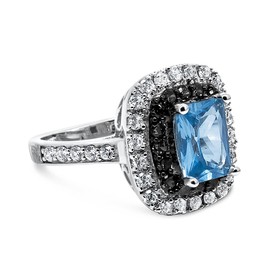 925 Sterling Silver UK Hallmarked Lab Blue Topaz Solitaire Diamonds White Gold Plated Ladies Ring [Size M]