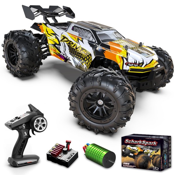 ScharkSpark Brushless RC Cars for Adults Fast 70 KPH, 4WD High Speed All Terrain RC Truck, Remote Control Car for Adults with 50 Min Runtime, 1:16 Offroad Monster Truck with Metal Parts & 2 Batteries