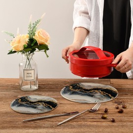 Peystean Kitchen Set of 2 Potholders Trivets, Black White Marble in Gold Frame Woven Hot Pot Coasters Placemats for Cooking Baking Hot Dish Pan Pot Bowl Teapot(7&9 Inches Diameter)