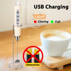 Milk Frother Rechargeable Handheld-Electric Whisk 3 Speed Adjustable, Coffee Frother Wand with 3 Stainless Whisks, Foam Maker, Drink Mixer Blender for Latte Cappuccino Matcha Egg (With Stand, Beige)