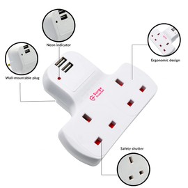 Innoteck 2 Way Plug Extension Socket with Surge Protection and Neon Indicator - Includes 2 USB Slots - 1 Amp USB Charging Current - Compact & Lightweight - 13A Fused UK Plug Power Socket - White