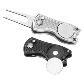 PATIKIL Golf Divot Repair Tool, 2 Pack Foldable Metal Golf Green Divot Tool with Magnetic Ball Marker & Stainless Steel Fork for Golfer, Black/Silver