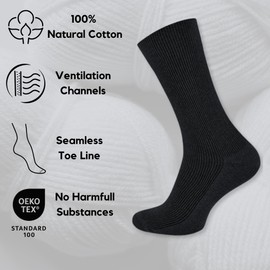 Wonky Line 100% Cotton Socks, Natural Pure Cotton Socks for men and women, 3 pairs pack, soft top, seamless toe, hypoallergenic, undyed (as8, alpha, s, regular, regular, Black)