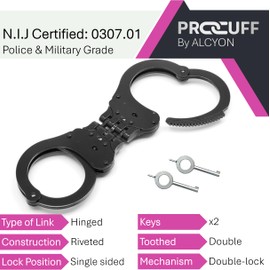 PRO-Cuff England Police Handcuffs. Real Metal Handcuffs. Heavy-Duty Steel. Professional Handcuffs. NIJ Standard Certified. Double-Lock. Hinged Link Folding Black Handcuffs with 2 Keys.