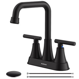 Matte Black Bathroom Sink Faucet, Hurran 4 inch Bathroom Faucets for Sink 3 Hole with Pop-up Drain and Supply Lines, Stainless Steel 2-Handle Centerset Faucet for Vanity RV Restroom