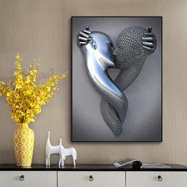 JNAOZI 3D Lovers Sculpture Metal Figure Statue Canvas Painting Love Hug Abstract Picture Frameless (30 x 40 cm, 1 Piece)