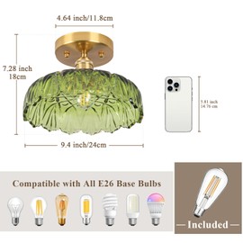 Loiogohot Flush Mount Ceiling Light,Green Hallway Lights Fixture Ceiling,9.4" Flower Light E26 Contains one 3000K Bulb Vintage Ceiling Light Fixtures for Porch Corridor Bedroom
