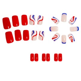 4th of July Press on Nails Medium Square Fake Nails with Red Blue Curve Designs Independence Day Glue on Nails Press ons Cute Acrylic Nails Artificial Stick on Nails for Women and 24 Pcs