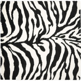 SAFAVIEH Florida Shag Collection Area Rug - 6'7" Square, Ivory & Black, Zebra Print Design, Non-Shedding & Easy Care, 1.2-inch Thick Ideal for High Traffic Areas in Living Room, Bedroom (SG452-1290)